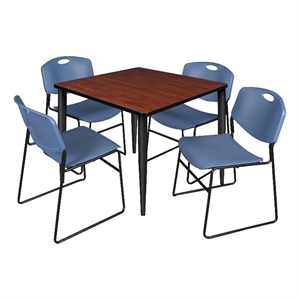 Scranton & Co 36&quot Square Cherry Table with Black Base & 4 Blue Poly Chairs