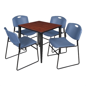 Scranton & Co 30&quot Square Cherry Table with Black Base & 4 Blue Poly Chairs