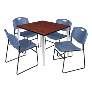 Scranton & Co 36&quot Square Cherry Table with Chrome Base & 4 Blue Poly Chairs
