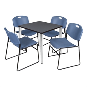Scranton & Co 30&quot Square Gray Table with Chrome Base and 4 Blue Poly Chairs