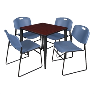 Scranton & Co 30&quot Mahogany Table with Black Base & 4 Blue Poly Chairs