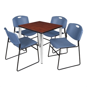 Scranton & Co 30&quot Square Cherry Table with Chrome Base & 4 Blue Poly Chairs