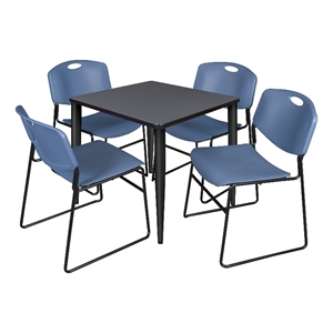Scranton & Co 30&quot Square Gray Table with Black Base and 4 Blue Poly Chairs