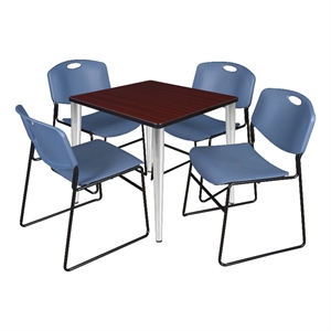 Scranton & Co 30&quot Mahogany Table with Chrome Base & 4 Blue Poly Chairs