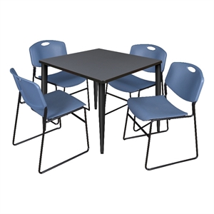 Scranton & Co 36&quot Square Gray Table with Black Base and 4 Blue Poly Chairs