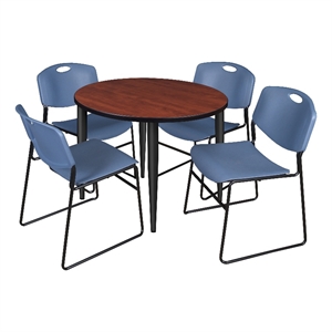 Scranton & Co 36&quot Round Cherry Table with Black Base and 4 Blue Poly Chairs