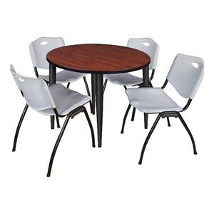 Scranton & Co 36&quot Round Cherry Table & 4 Gray Contour Chairs on Black Base