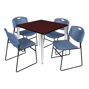 Scranton & Co 42&quot Square Mahogany Table & 4 Blue Poly Chairs on Chrome Base