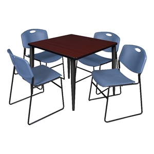 Scranton & Co 42&quot Mahogany Table with Black Base & 4 Blue Poly Chairs