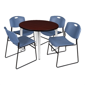 Scranton & Co 36&quot Round Mahogany Table & 4 Blue Poly Chairs on Chrome Base