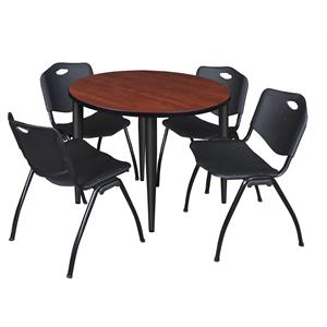 Scranton & Co 42&quot Round Cherry Table & 4 Black Contour Chairs on Black Base