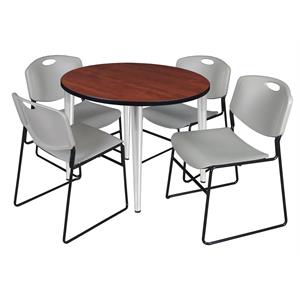 Scranton & Co 42&quot Round Cherry Table with Chrome Base & 4 Gray Poly Chairs