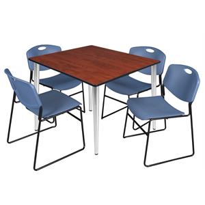 Scranton & Co 48&quot Square Cherry Table with Chrome Base & 4 Blue Poly Chairs