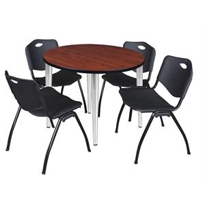 Scranton & Co 42&quot Round Cherry Table & 4 Black Chairs on Chrome Base