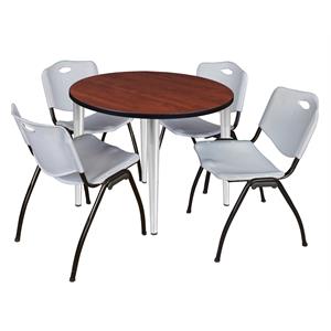 Scranton & Co 42&quot Round Cherry Table & 4 Gray Contour Chairs on Chrome Base