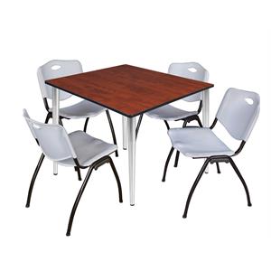 Scranton & Co 48&quot Square Cherry Table & 4 Gray Chairs on Chrome Base