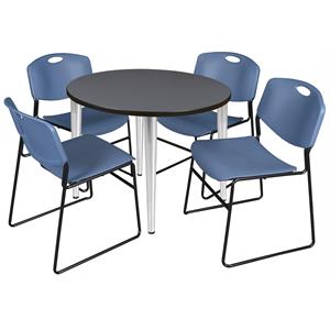 Scranton & Co 42&quot Round Gray Table with Chrome Base and 4 Blue Poly Chairs