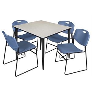 Scranton & Co 48&quot Square Maple Table with Black Base and 4 Blue Poly Chairs