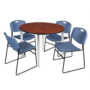 Scranton & Co 48&quot Round Cherry Table with Chrome Base & 4 Blue Poly Chairs