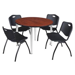 Scranton & Co 48&quot Round Cherry Table & 4 Black Chairs on Chrome Base