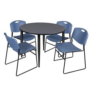 Scranton & Co 48&quot Round Gray Table with Black Base and 4 Blue Poly Chairs