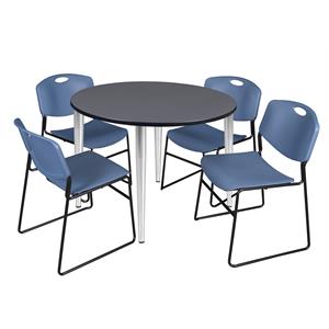 Scranton & Co 48&quot Round Gray Table with Chrome Base and 4 Blue Poly Chairs