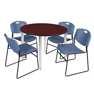 Scranton & Co 48&quot Round Mahogany Table & 4 Blue Poly Chairs on Chrome Base
