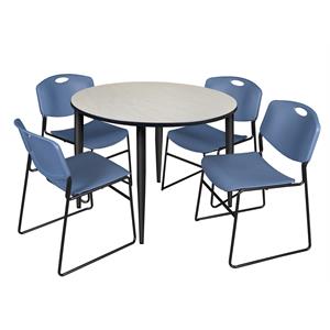 Scranton & Co 48&quot Round Maple Table with Black Base and 4 Blue Poly Chairs