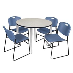 Scranton & Co 48&quot Round Maple Table with Chrome Base and 4 Blue Poly Chairs