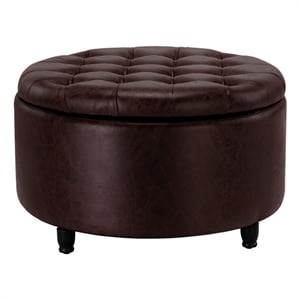 Scranton & Co 28&quot Round Pintucked Storage Ottoman in Brown Faux Leather