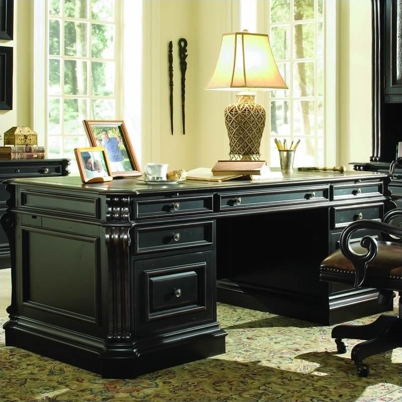 Scranton & Co 7 Drawer Executive Desk with Scroll Accents and Leather Top