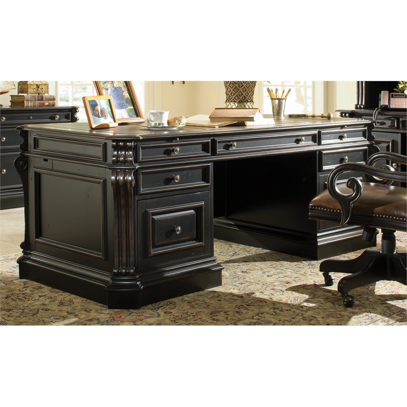 Scranton & Co 7 Drawer Executive Desk with Scroll Accents and Leather Top