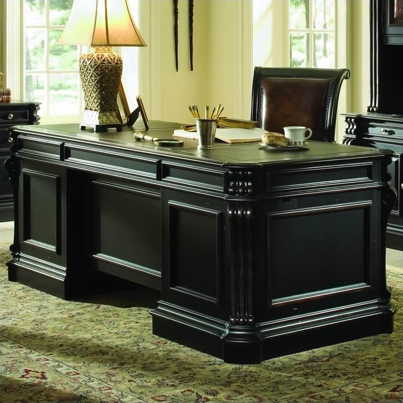 Scranton & Co 7 Drawer Executive Desk with Scroll Accents and Leather Top