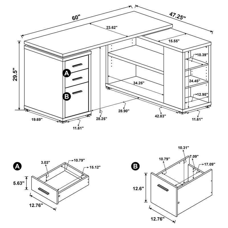 Scranton & Co L-Shape Computer Desk with File Storage in Gray Driftwood