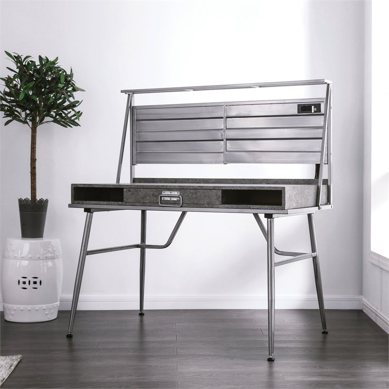 Scranton & Co Industrial Metal 2-Shelf Desk with USB in Silver