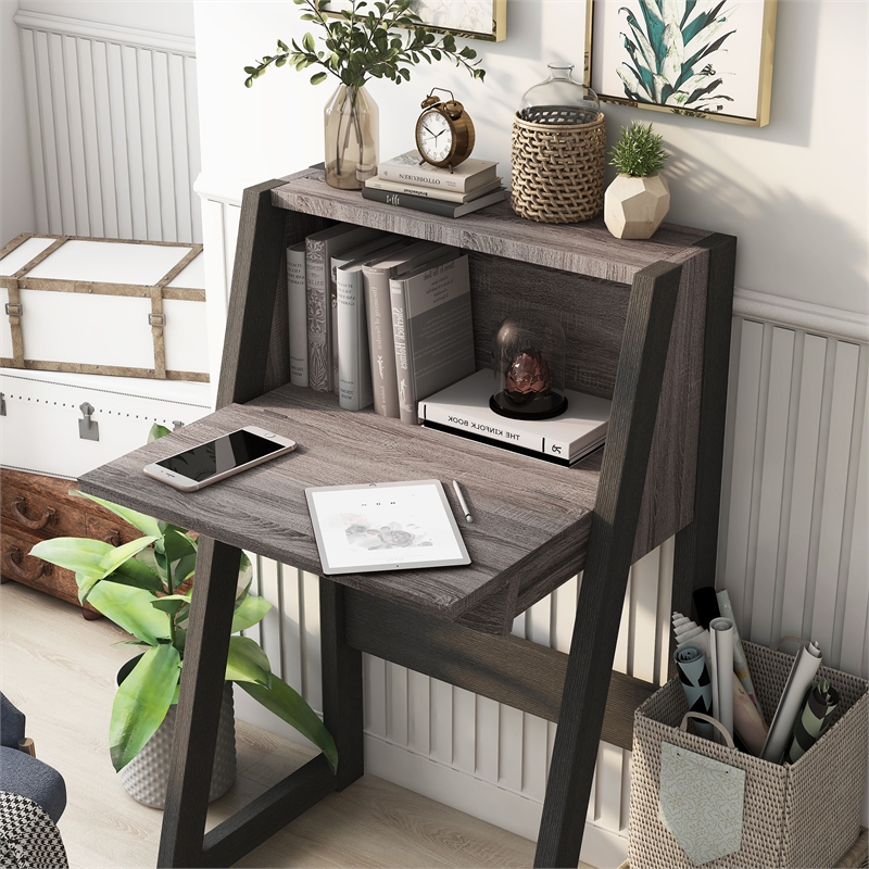 Scranton & Co Farmhouse Fold Down Wood Desk in Distressed Gray/Black