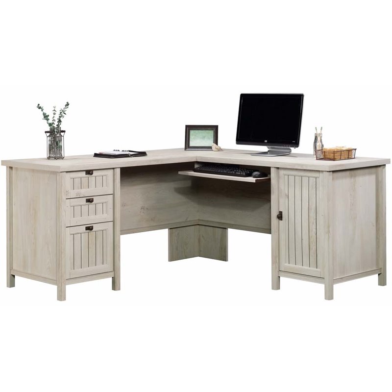 Scranton & Co L-Shaped Computer Desk with Keyboard Tray in Chalked Chestnut