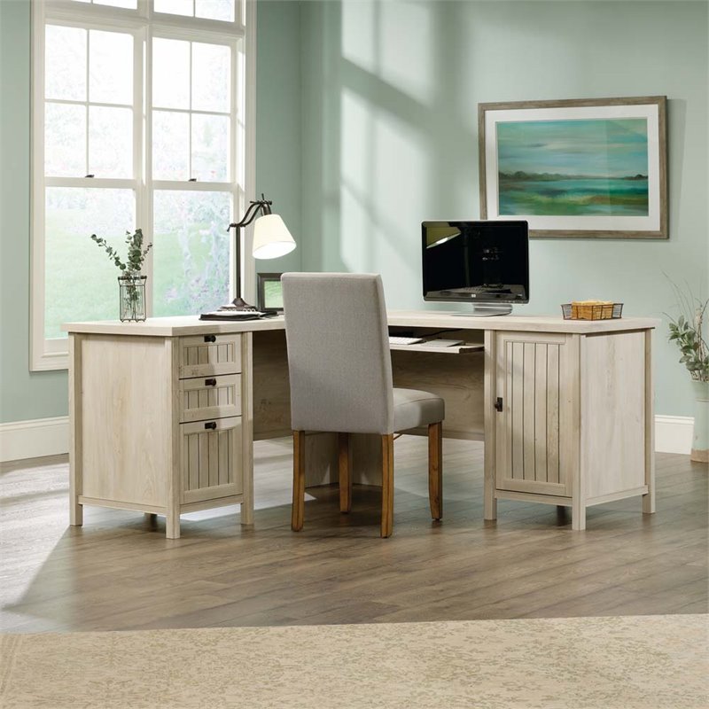 Scranton & Co L-Shaped Computer Desk with Keyboard Tray in Chalked Chestnut