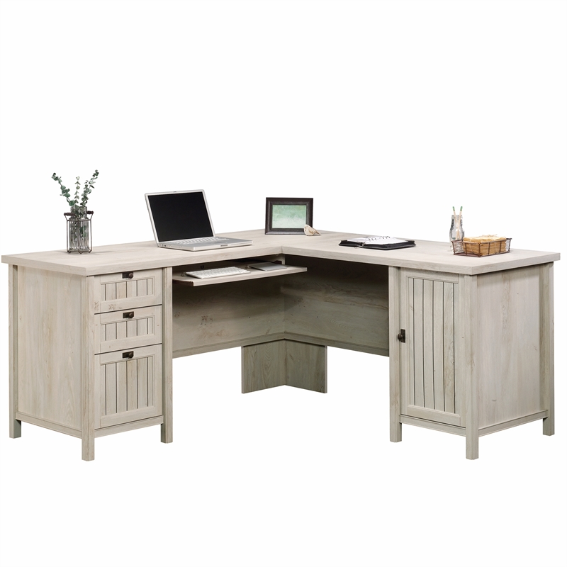 Scranton & Co L-Shaped Computer Desk with Keyboard Tray in Chalked Chestnut