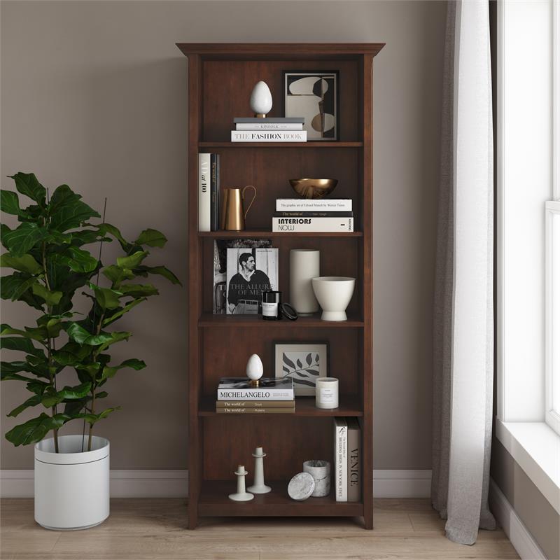 Scranton & Co 5-Shelf Solid Pine Wood Bookcase in Russet Brown Finish