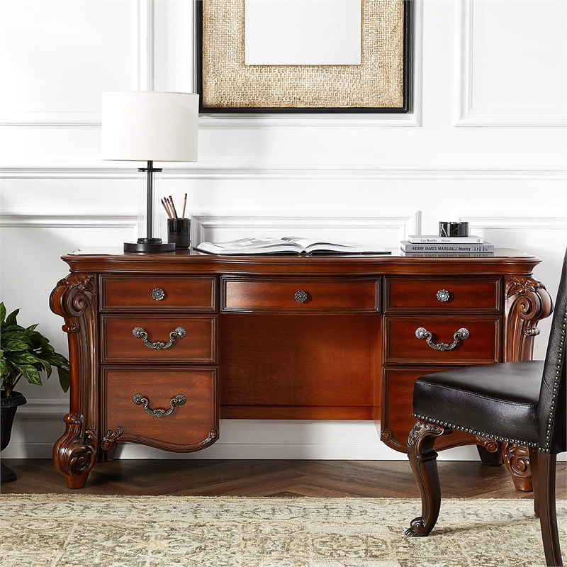 Scranton & Co 7-Drawer Vanity Desk in Cherry with Hand-Brushed Gold Accents