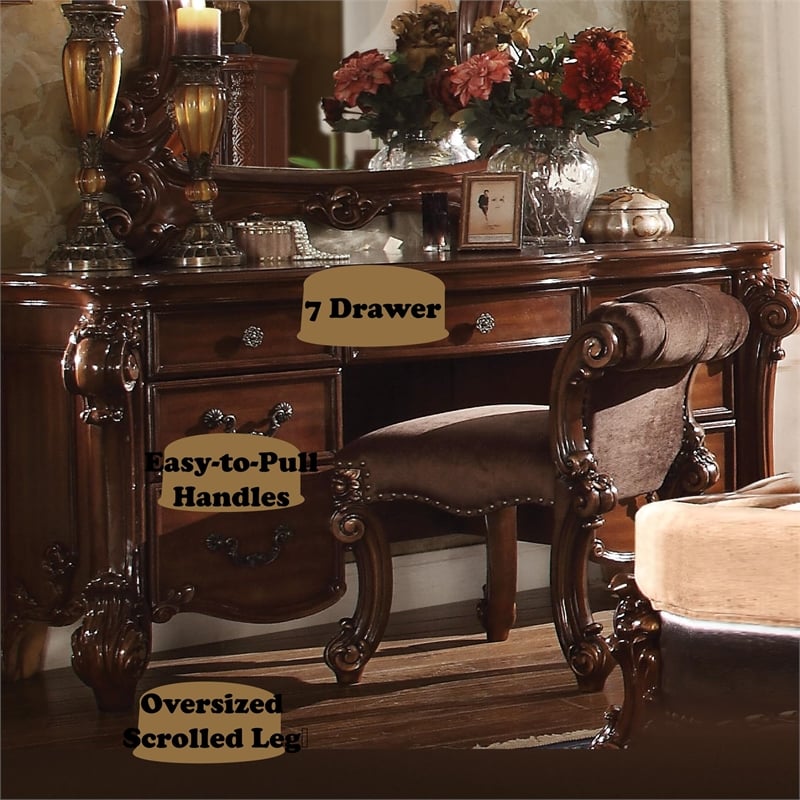 Scranton & Co 7-Drawer Vanity Desk in Cherry with Hand-Brushed Gold Accents