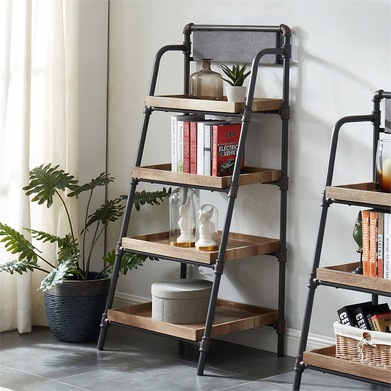 Scranton & Co Industrial Metal 4-Shelf Ladder Bookcase in Sand Black