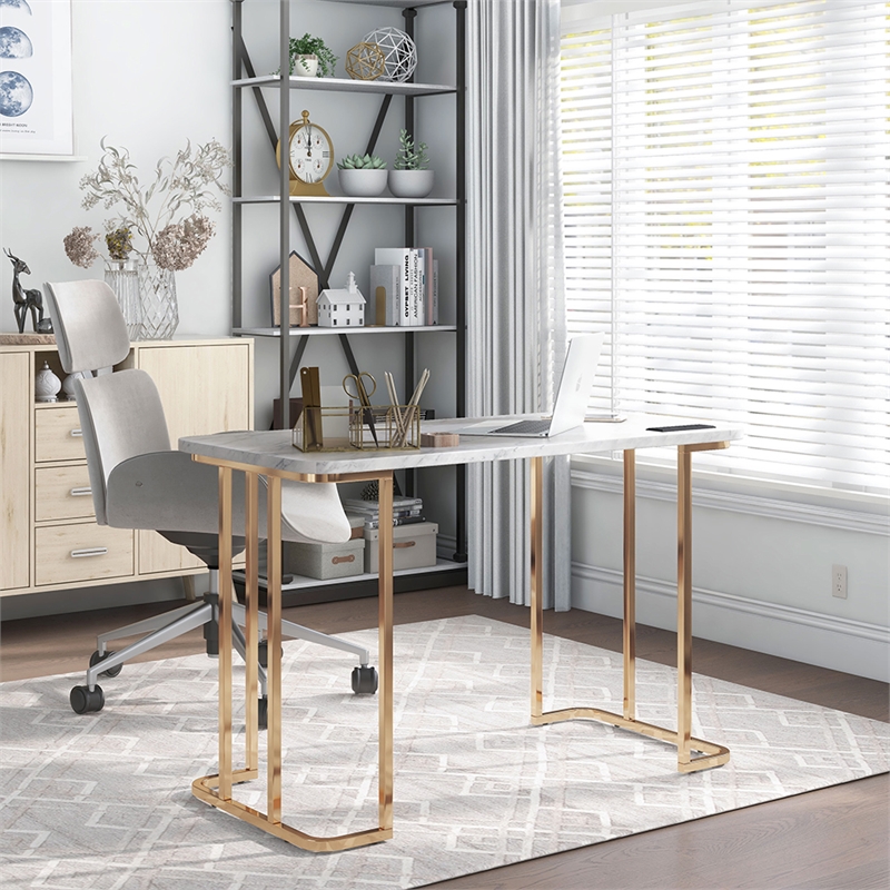 Scranton & Co Contemporary Metal Writing Desk with Power Strip in White