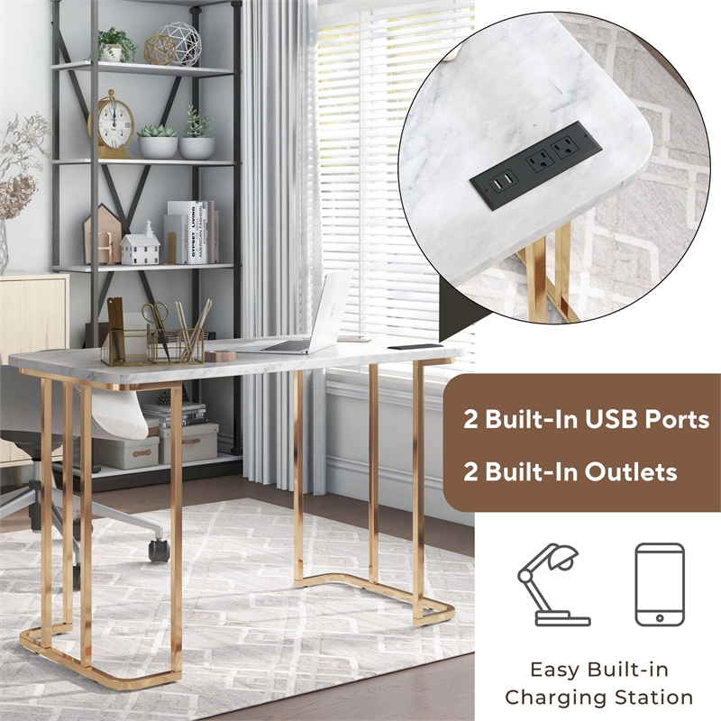 Scranton & Co Contemporary Metal Writing Desk with Power Strip in White