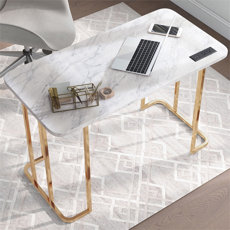 Scranton & Co Contemporary Metal Writing Desk with Power Strip in White