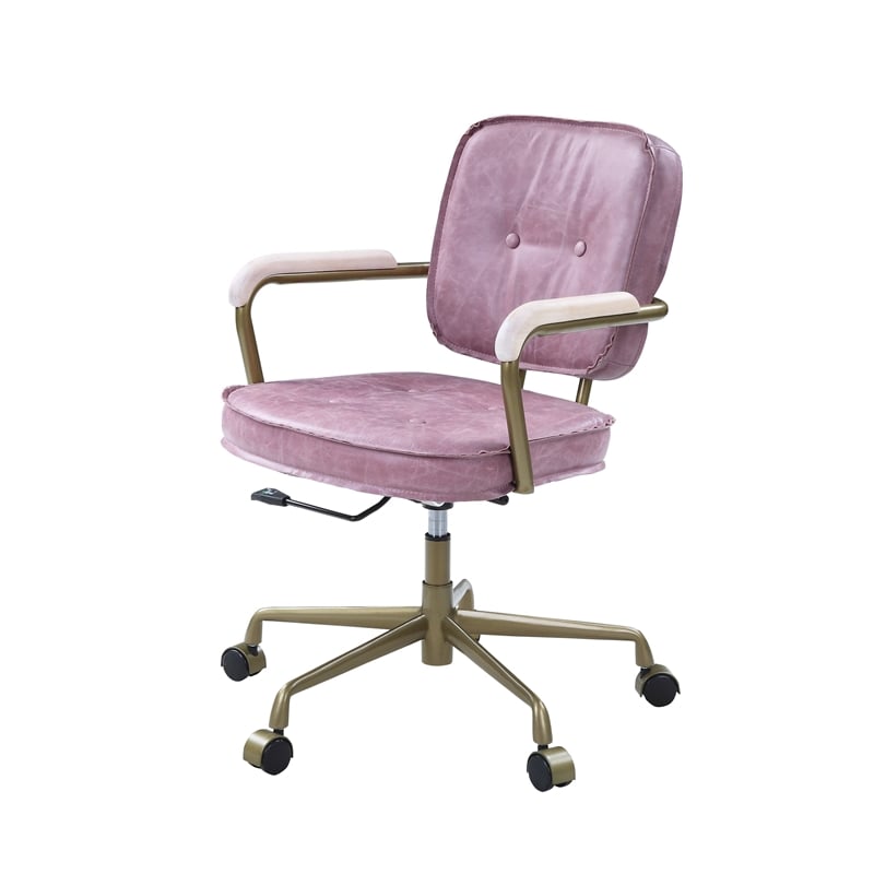 Scranton & Co Office Chair with Wooden Armrests in Pink Top Grain Leather