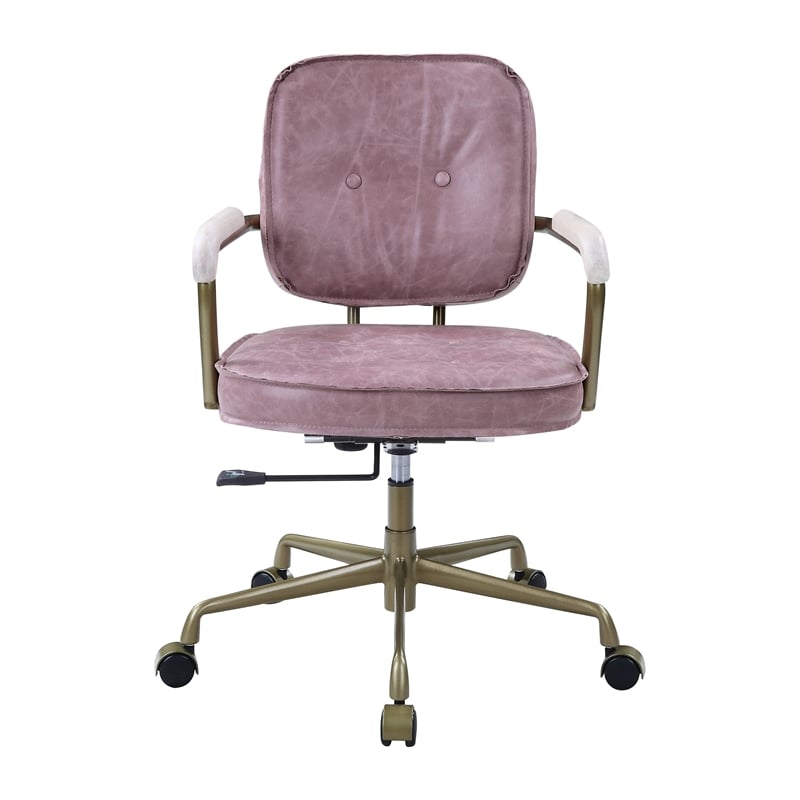 Scranton & Co Office Chair with Wooden Armrests in Pink Top Grain Leather
