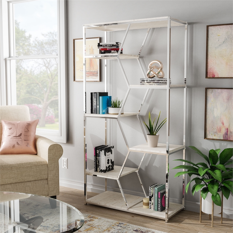 Scranton & Co 7-Shelf Metal Bookcase in Chrome and White
