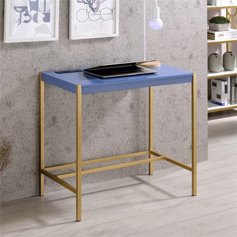 Scranton & Co Wood Writing Desk with USB Ports in Blue Finish